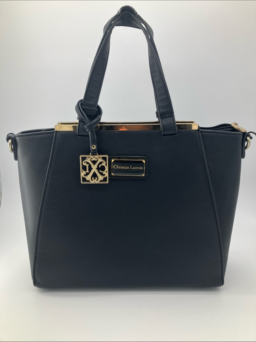Christian Lacroix Tote Luxe Black Faux Leather Gold Hardware Blue Interior